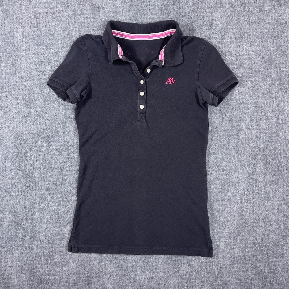 Y2K Aeropostale Polo Shirt Womens XS Black Short Sleeve Pink Logo Preppy